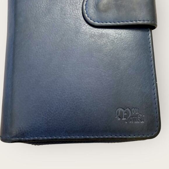 Mou Meraki RFID Leather Bifold Zippered Wallet Passport Creditcards Navy 8"X4.5" - Picture 5 of 12